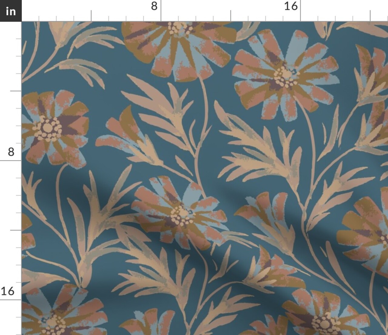 Boho Floral Botanical Wildflowers Meadow Garden Earth Tone Blue Brown Mocha Hand Painted Floral Large Scale Modern Farmhouse Cottagecore Custom Printed Fabric by Spoonflower Various Fabrics by the Yard or Fat Quarter